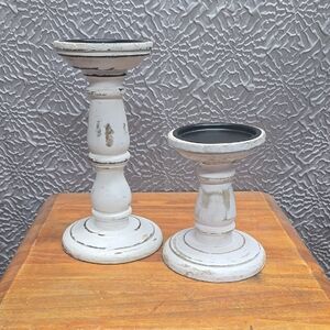 Distressed White Wood Pillar Candle Holders - Set of 2